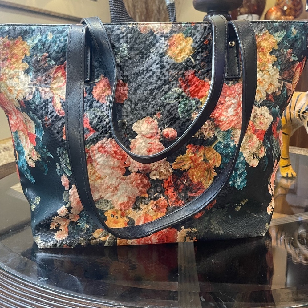 Bebe Women's Black Floral Tote Bag Gold Logo - Picture 4 of 9